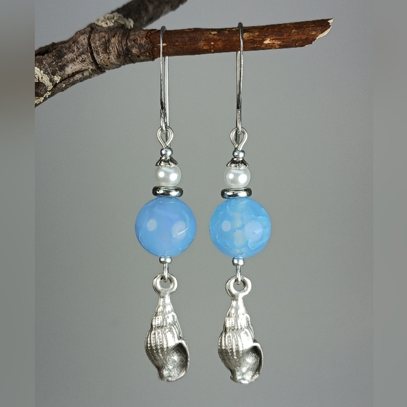HAND CRAFTED Coastal Shell Earrings Blue Agate Pearl Silver Boho Beach Gift - Picture 3 of 6